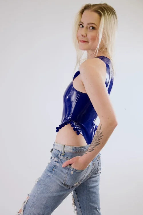 Blue High-Cut Latex Bodysuit with Ruffles