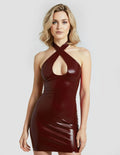 Brown CHIARA Mini Cross-Over Latex Dress