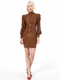 Brown Coffee Latex Dress — Puff Sleeves, Thigh Length