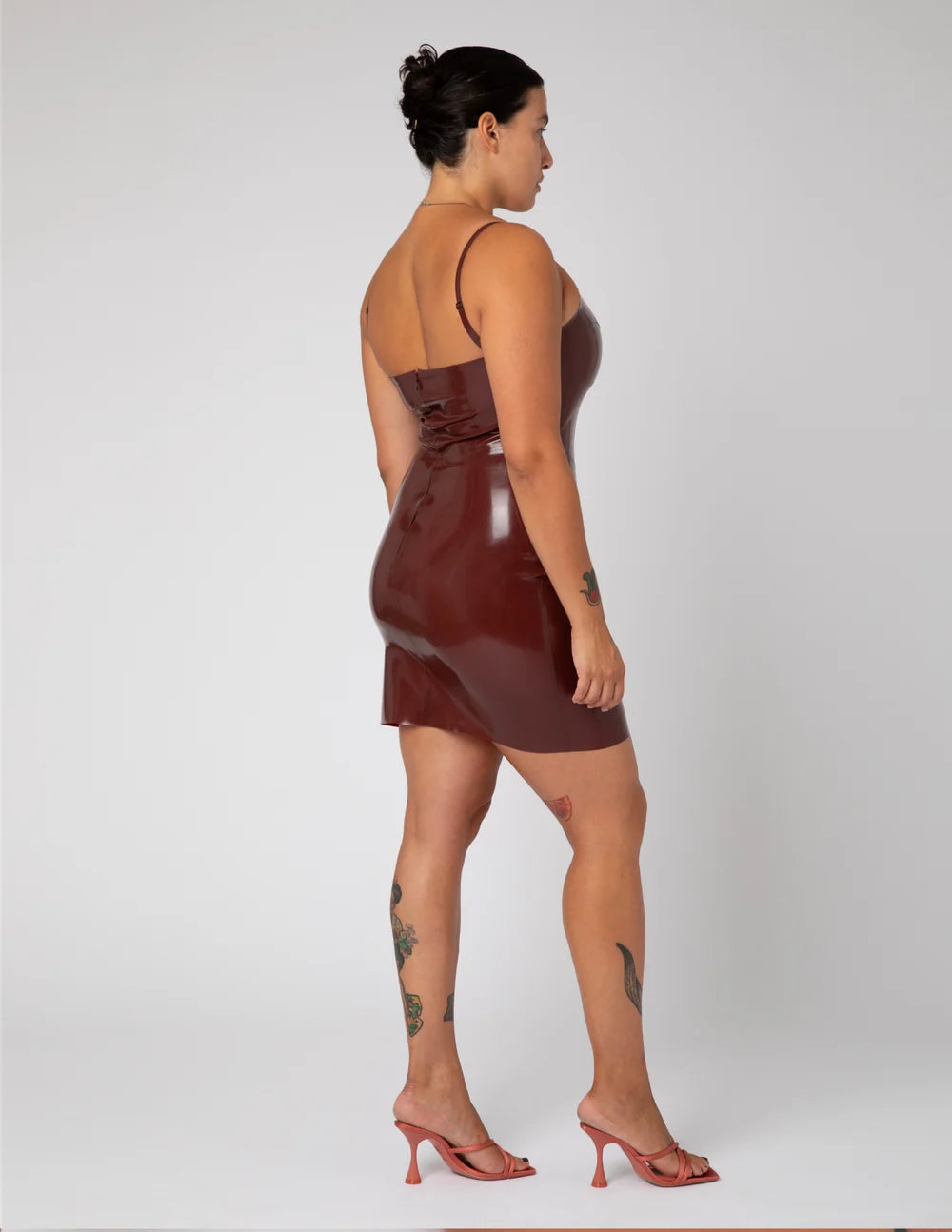 Brown Fitted Mini Latex Dress with Thin Straps and Curved Neckline