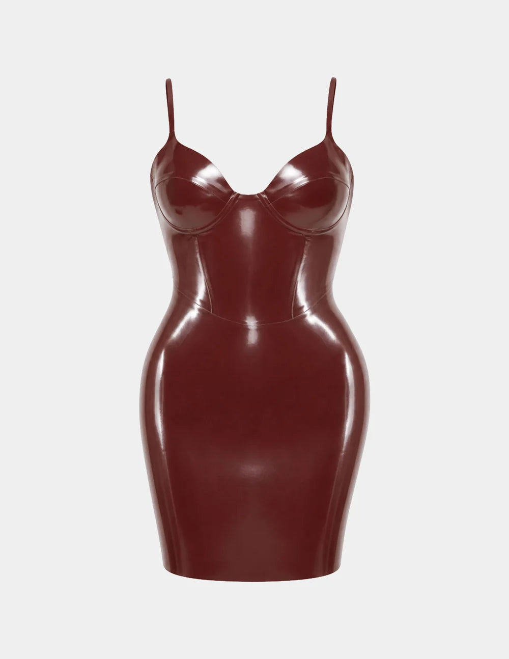 Brown Fitted Mini Latex Dress with Thin Straps and Curved Neckline