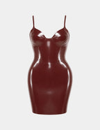 Brown Fitted Mini Latex Dress with Thin Straps and Curved Neckline