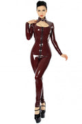 Brown High Neck Buckle-Up Latex Catsuit