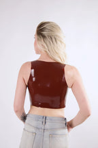 Brown Latex Quarter-Zip Crop Top