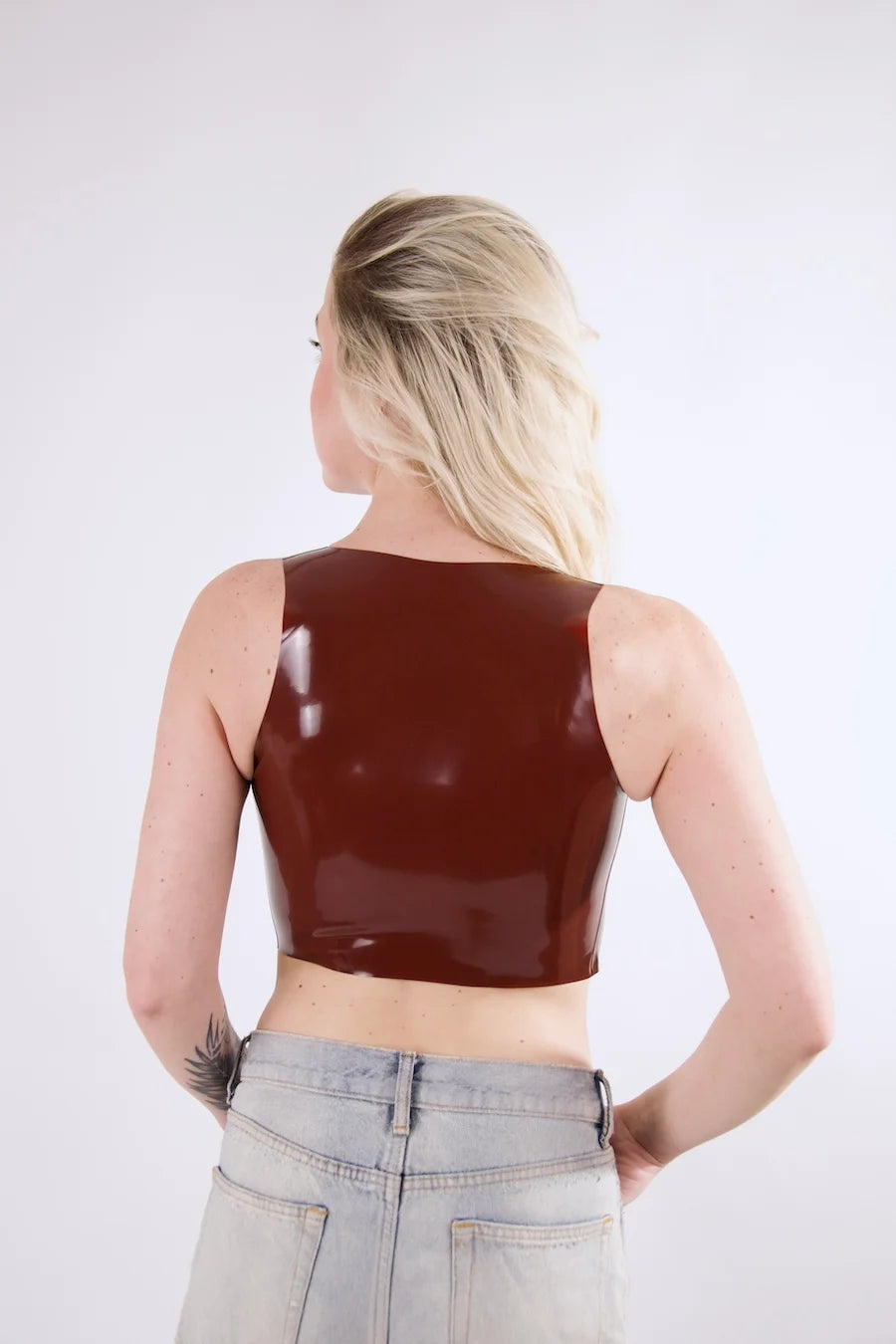 Brown Latex Quarter-Zip Crop Top