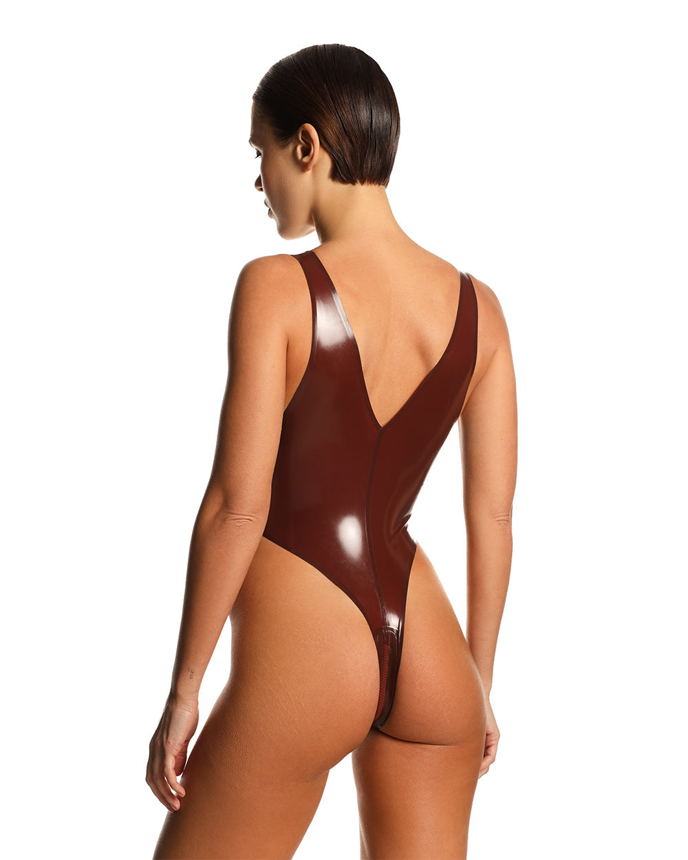 Brown Latex Thong Bodysuit