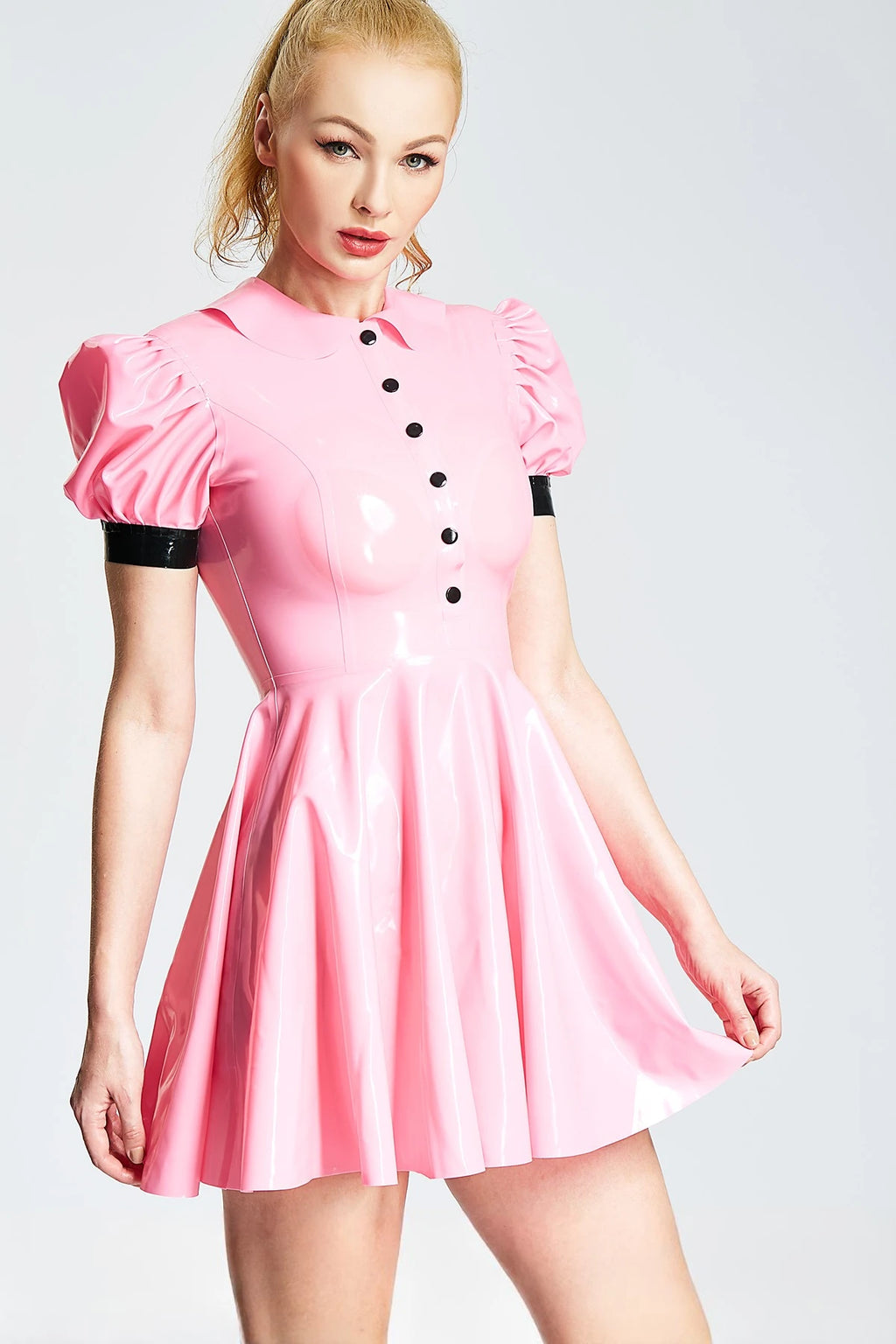 Bubblegum Pink, trim color is Black 'Lolita' Maid Latex Dress