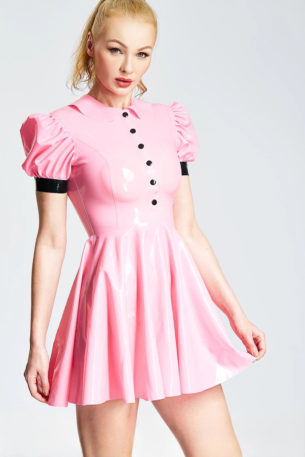 Bubblegum Pink, trim color is Black 'Lolita' Maid Latex Dress