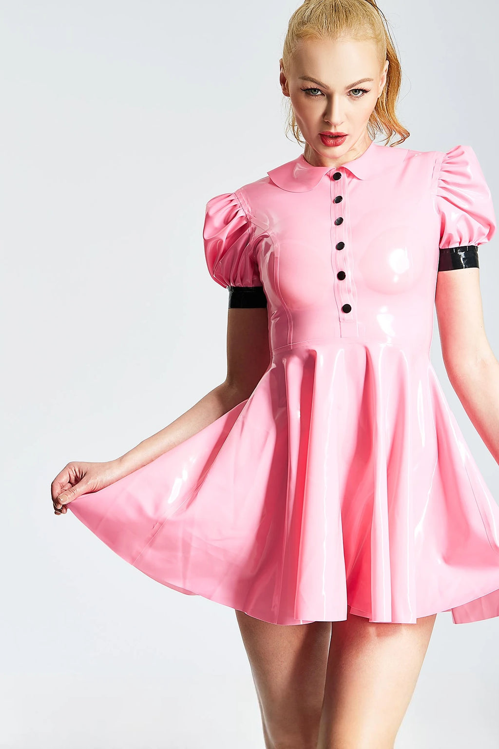 Bubblegum Pink, trim color is Black 'Lolita' Maid Latex Dress