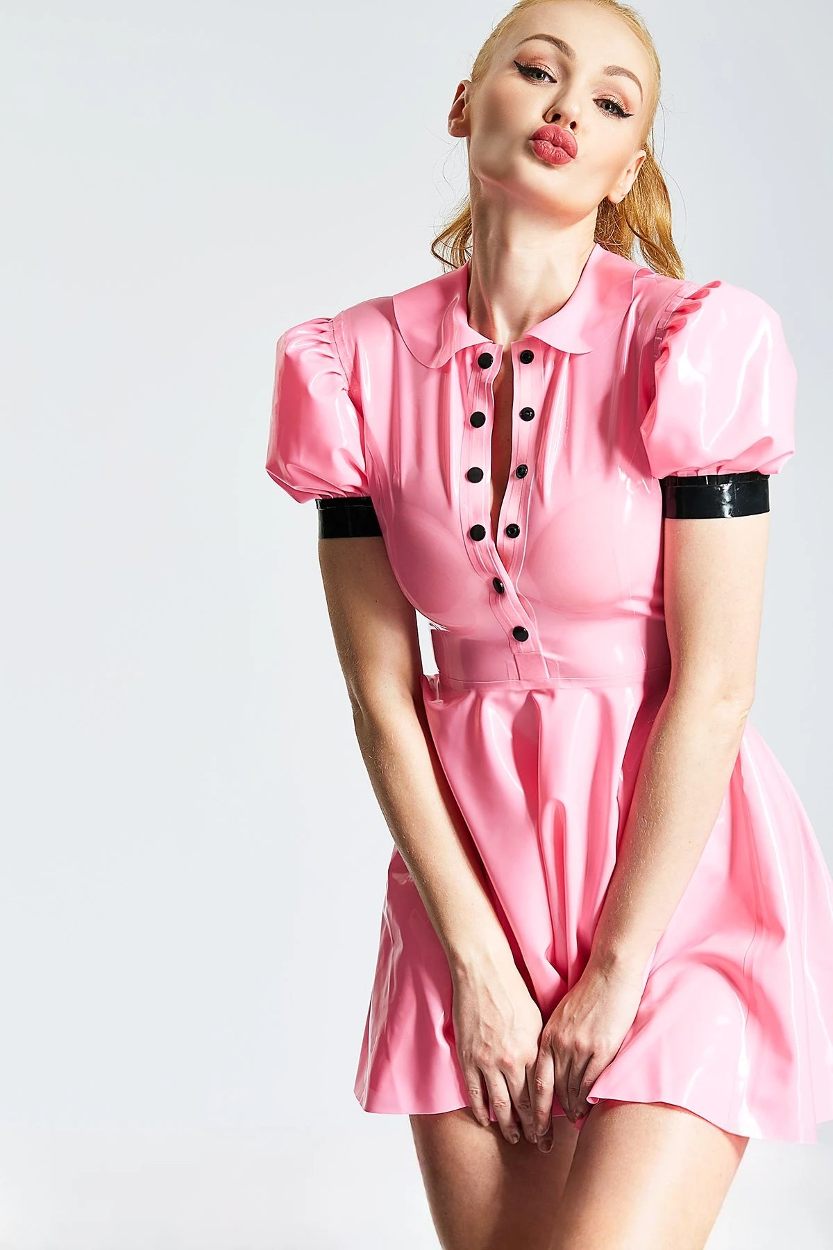 Bubblegum Pink, trim color is Black 'Lolita' Maid Latex Dress