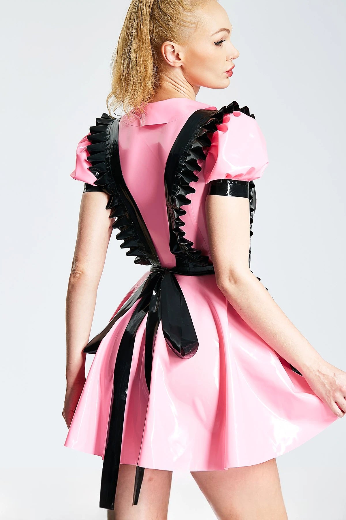Bubblegum Pink, trim color is Black 'Lolita' Maid Latex Dress