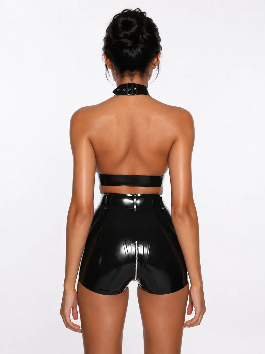 Buckled Halter Latex Two-Piece Set in Black — Sharp Latex Layer