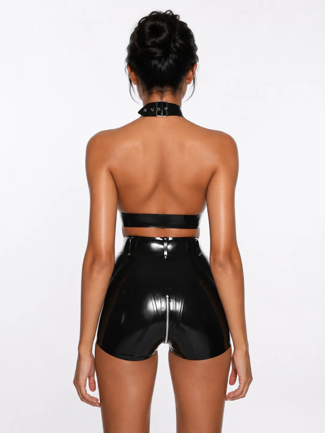 Buckled Halter Latex Two-Piece Set in Black — Sharp Latex Layer