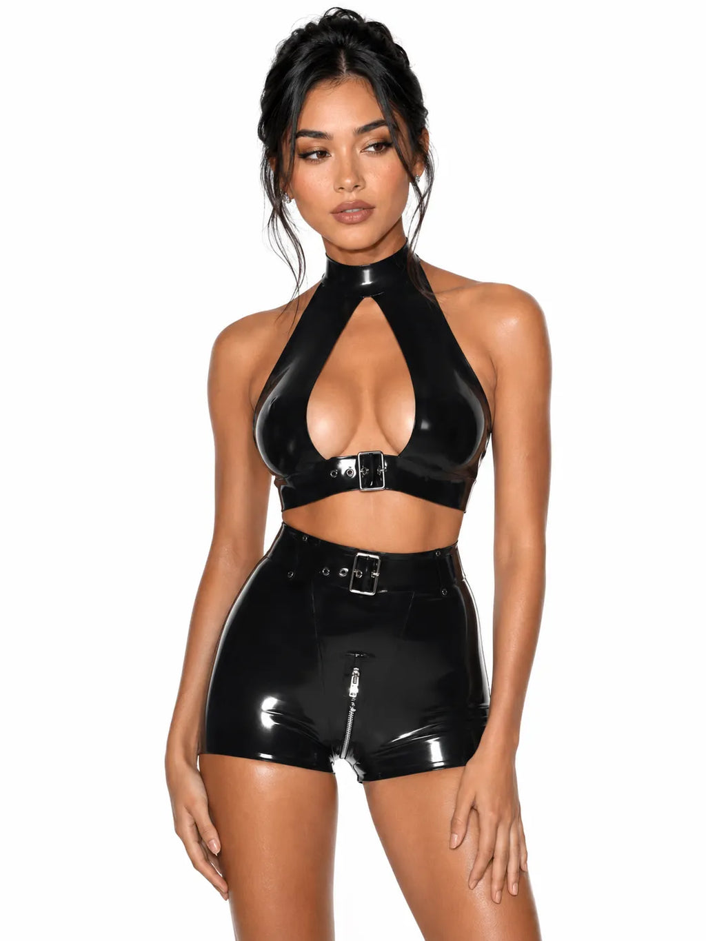 Buckled Halter Latex Two-Piece Set in Black — Sharp Latex Layer