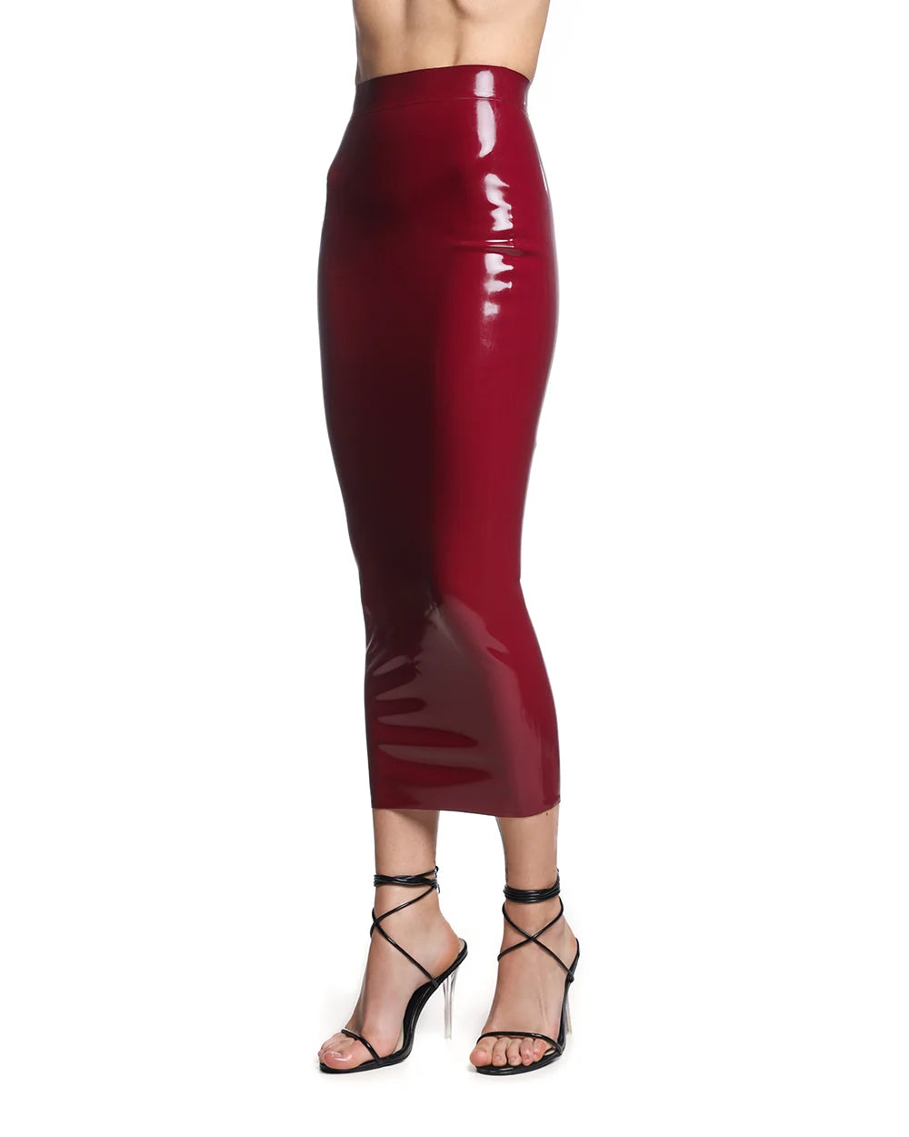 Burgundy Amanda High-Waist Latex Midi Skirt with Back Zip