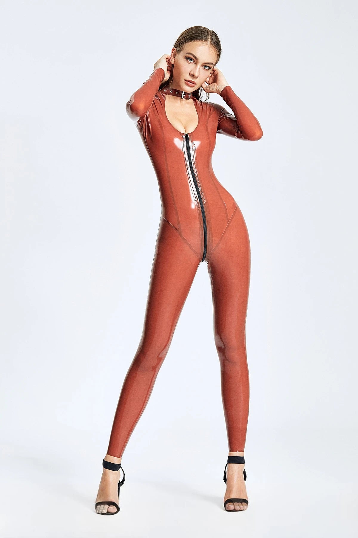 Chocolate Keyhole & Belted Neck Latex Catsuit