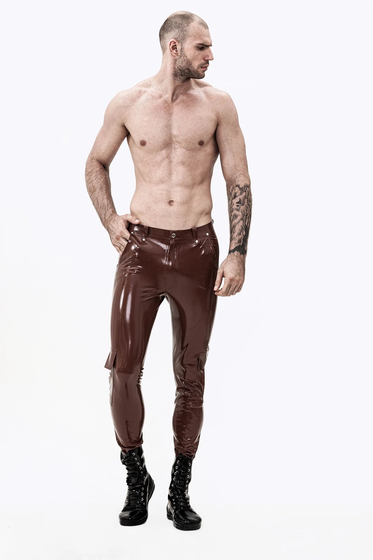 Chocolate Male Latex 'Cargo' Pocketed Latex Jeans