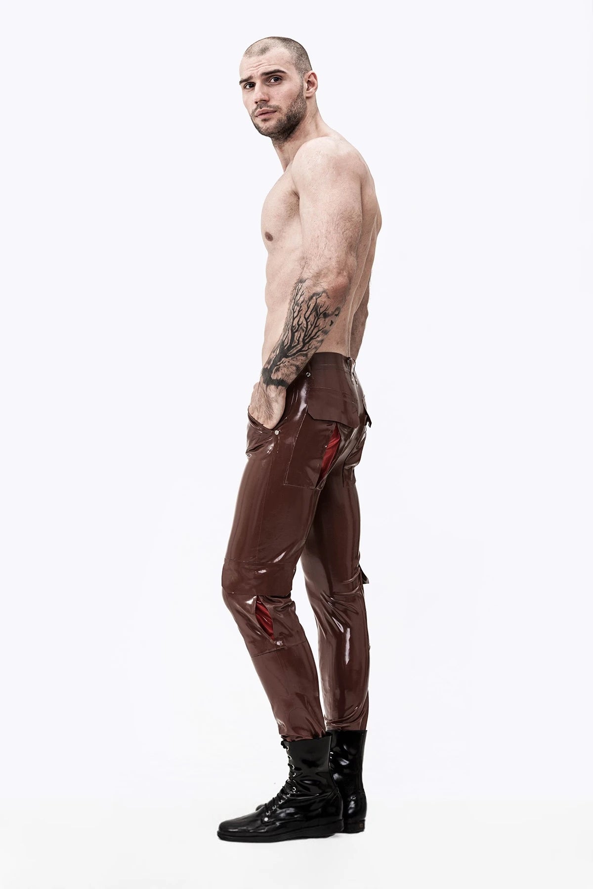 Chocolate Male Latex 'Cargo' Pocketed Latex Jeans