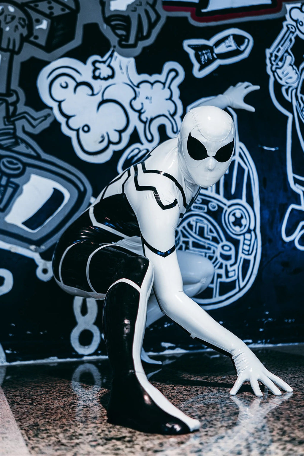 Cream White Male 'White Steppe' Spidey Latex Catsuit