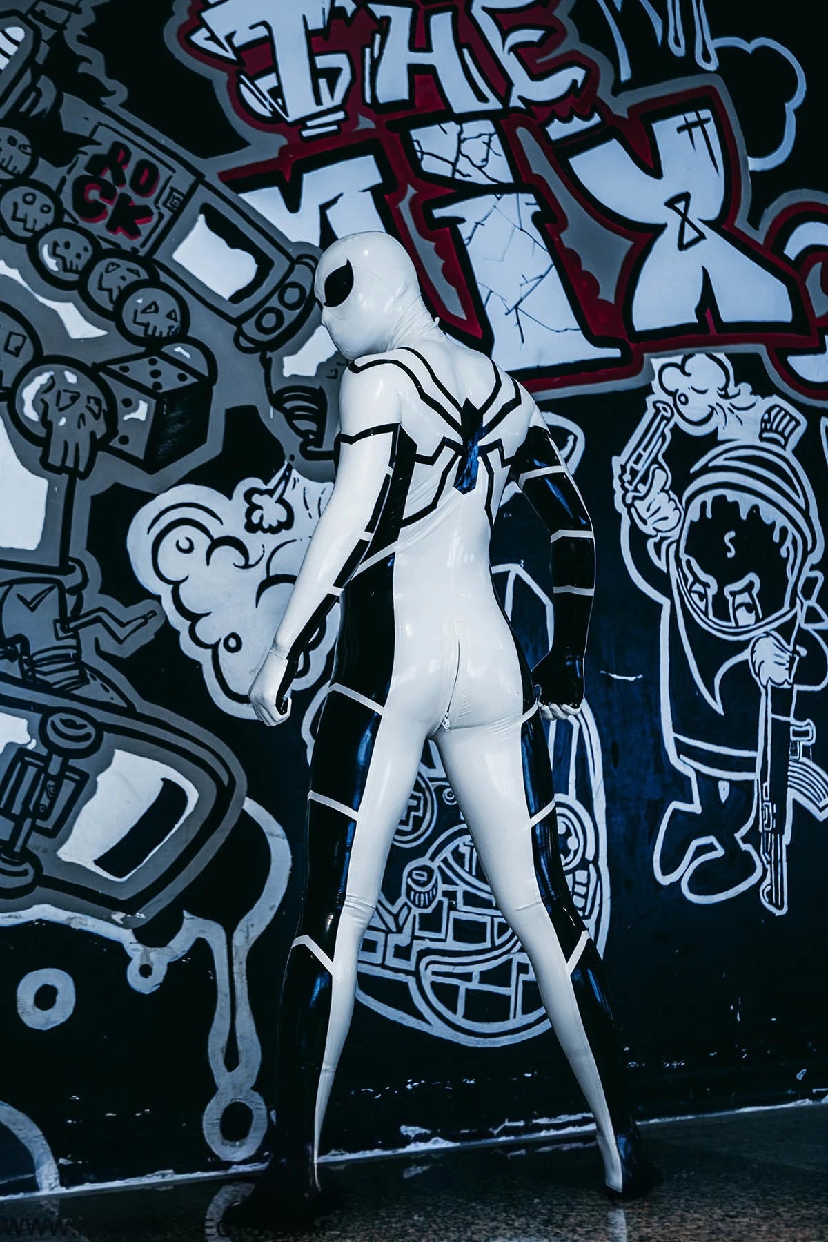 Cream White Male 'White Steppe' Spidey Latex Catsuit