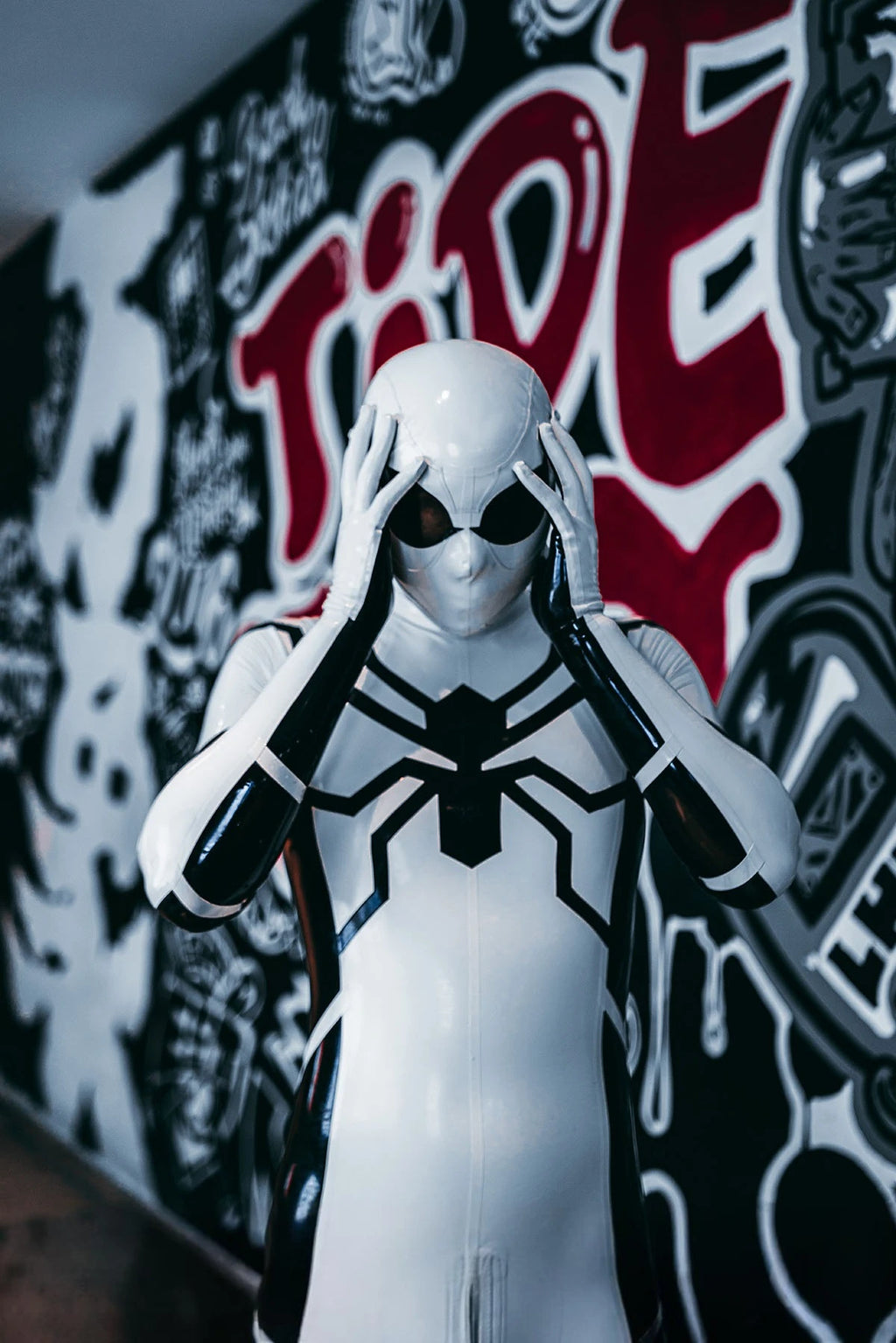 Cream White Male 'White Steppe' Spidey Latex Catsuit