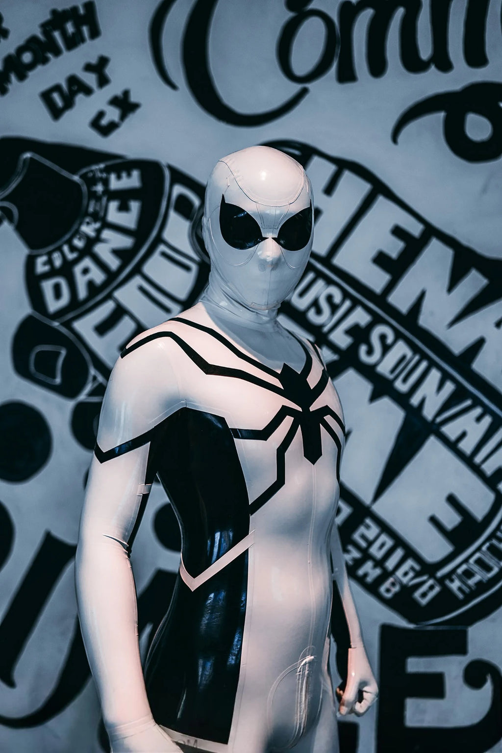 Cream White Male 'White Steppe' Spidey Latex Catsuit
