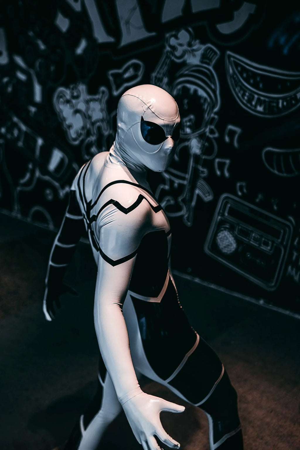Cream White Male 'White Steppe' Spidey Latex Catsuit