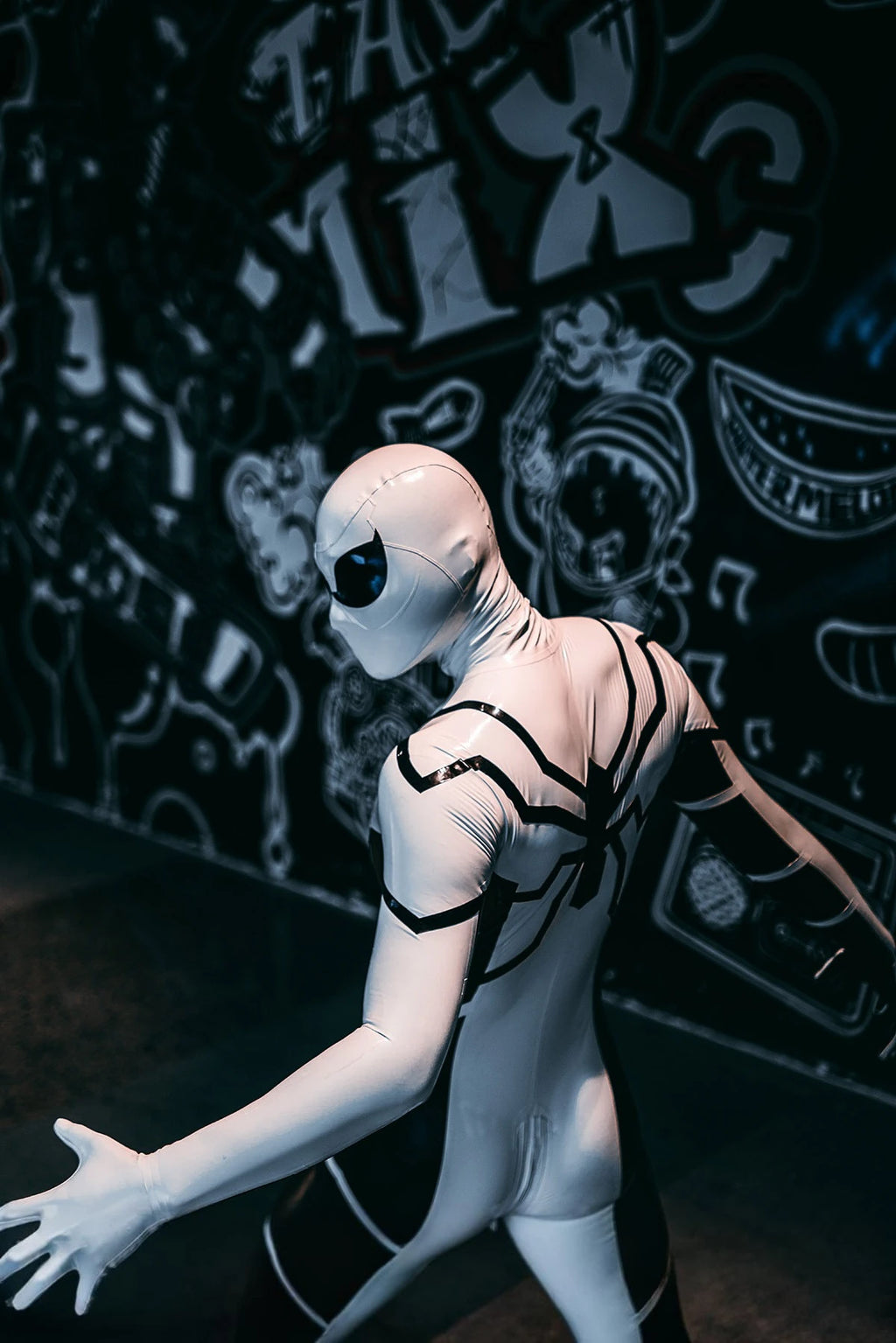Cream White Male 'White Steppe' Spidey Latex Catsuit