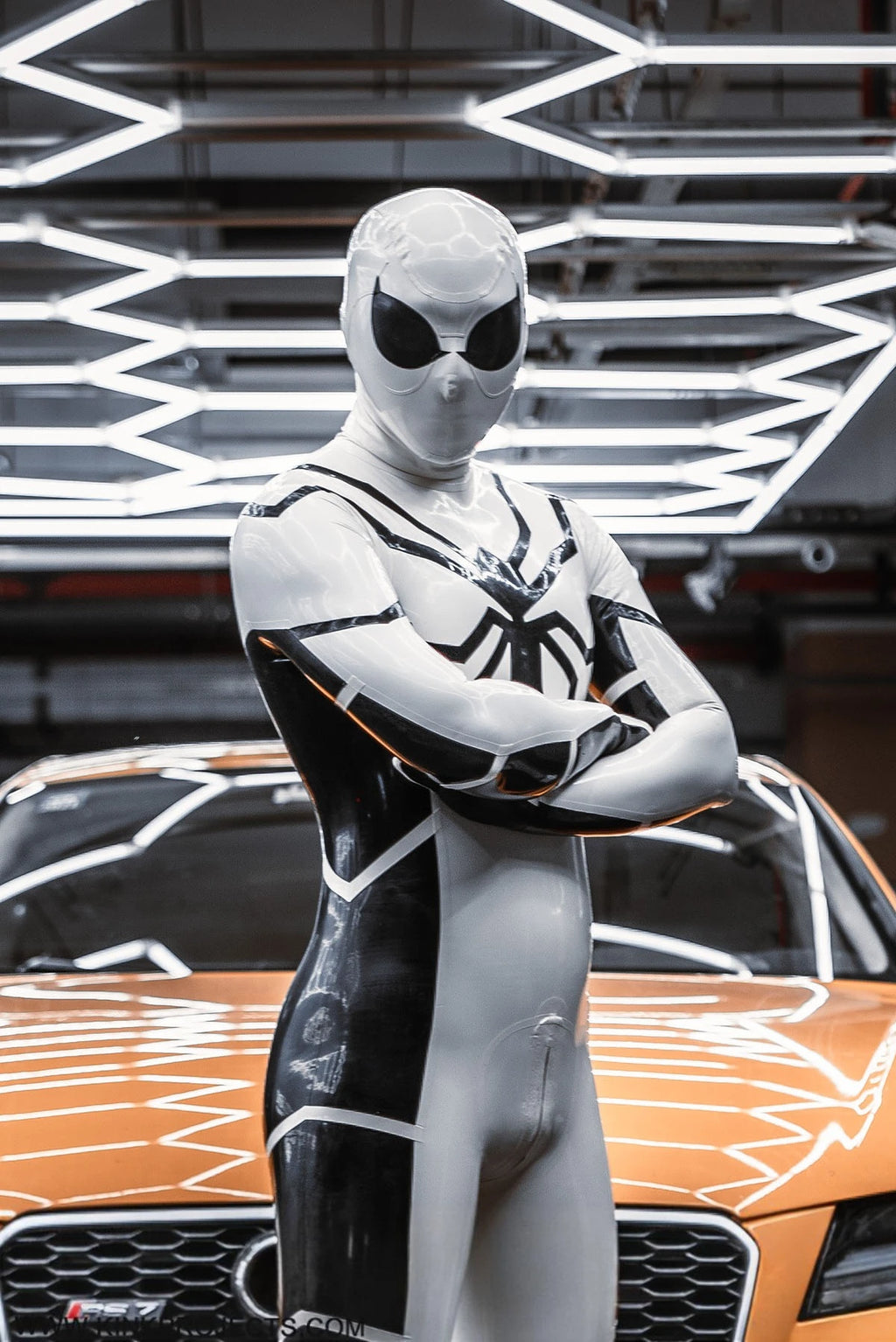 Cream White Male 'White Steppe' Spidey Latex Catsuit