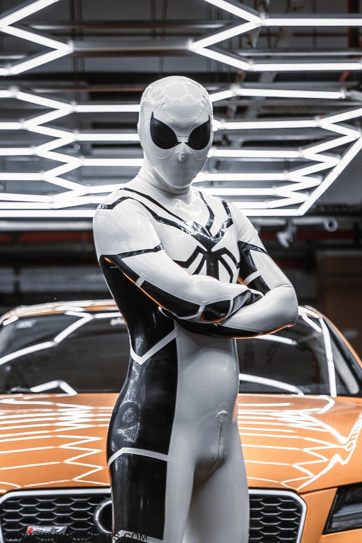 Cream White Male 'White Steppe' Spidey Latex Catsuit