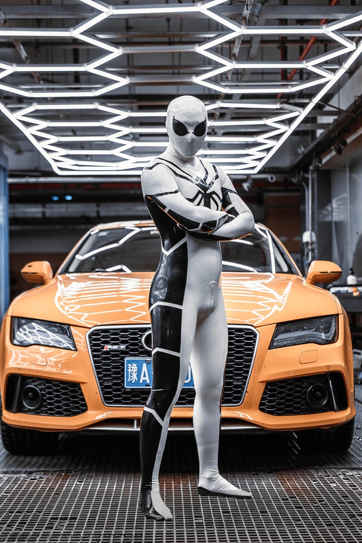 Cream White Male 'White Steppe' Spidey Latex Catsuit