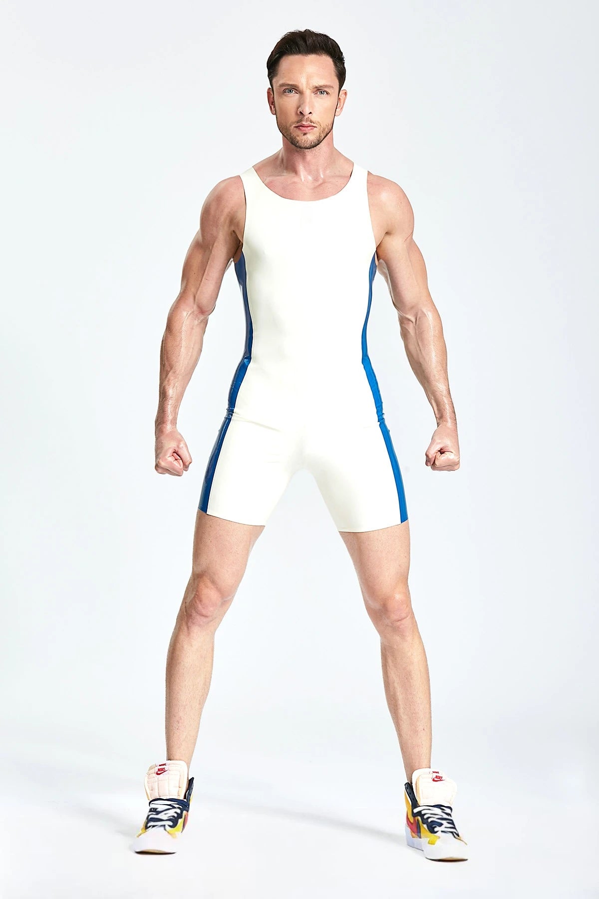 Cream White Male Tank Top Gym Latex Suit
