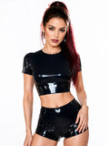 Crew-Neck Short-Sleeve Latex Crop Tee