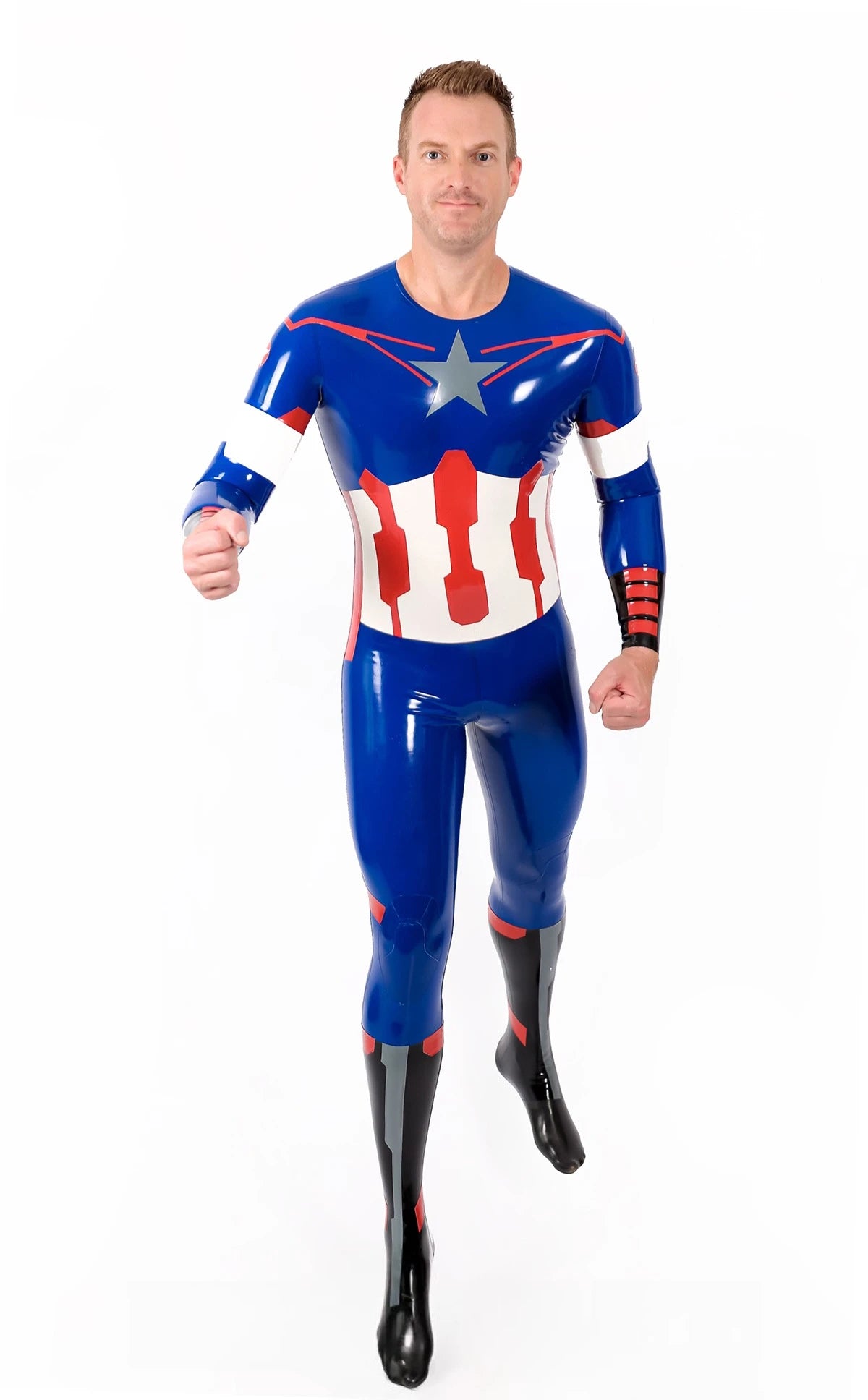 Dark Blue Male 'American Hero' Latex Neck Entry Cosplay Latex Catsuit With Feet