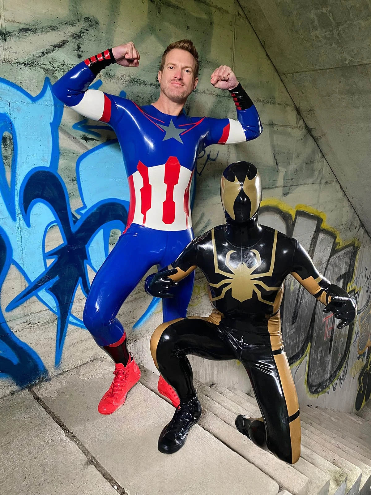 Dark Blue Male 'American Hero' Latex Neck Entry Cosplay Latex Catsuit With Feet