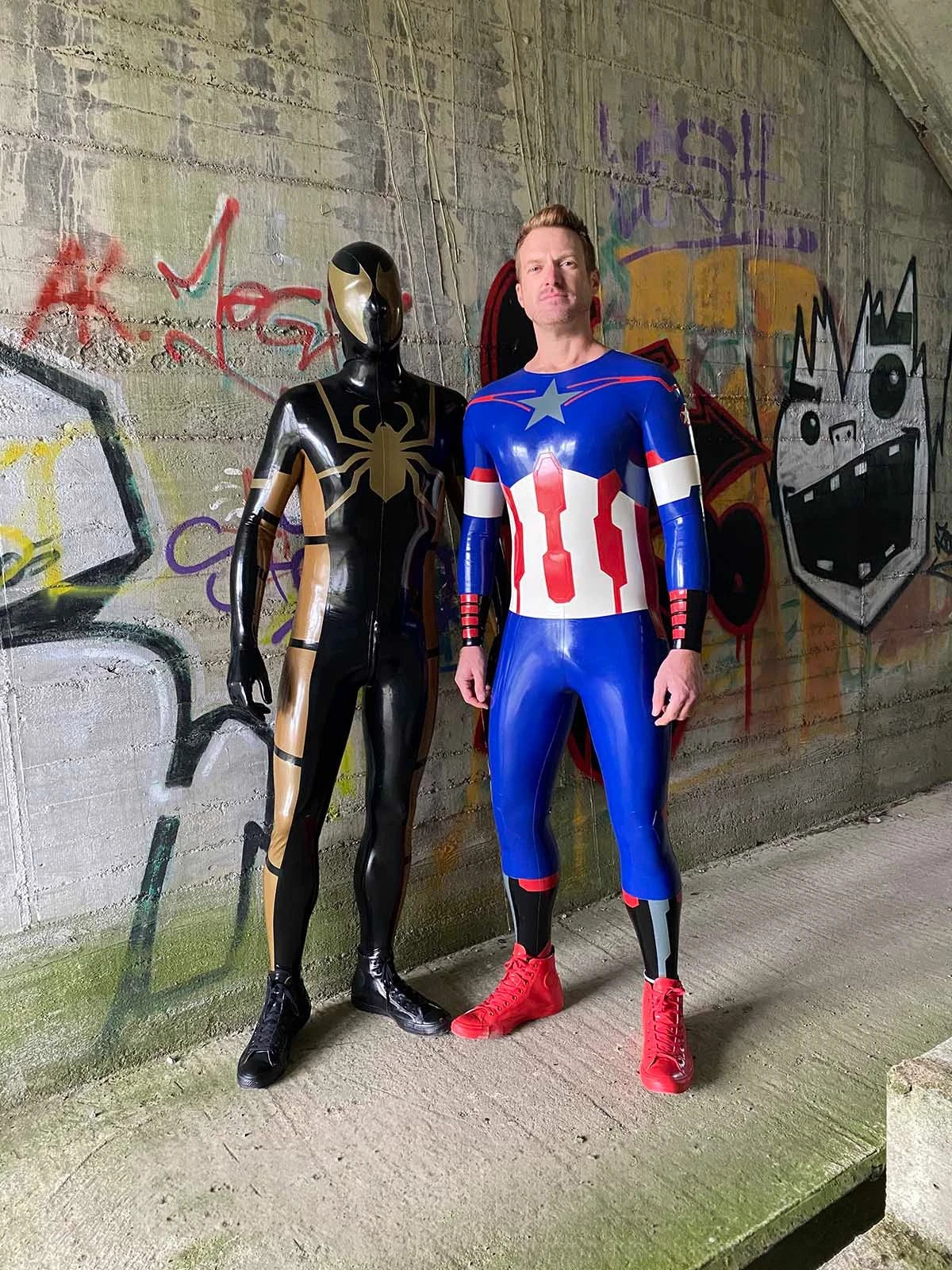 Dark Blue Male 'American Hero' Latex Neck Entry Cosplay Latex Catsuit With Feet