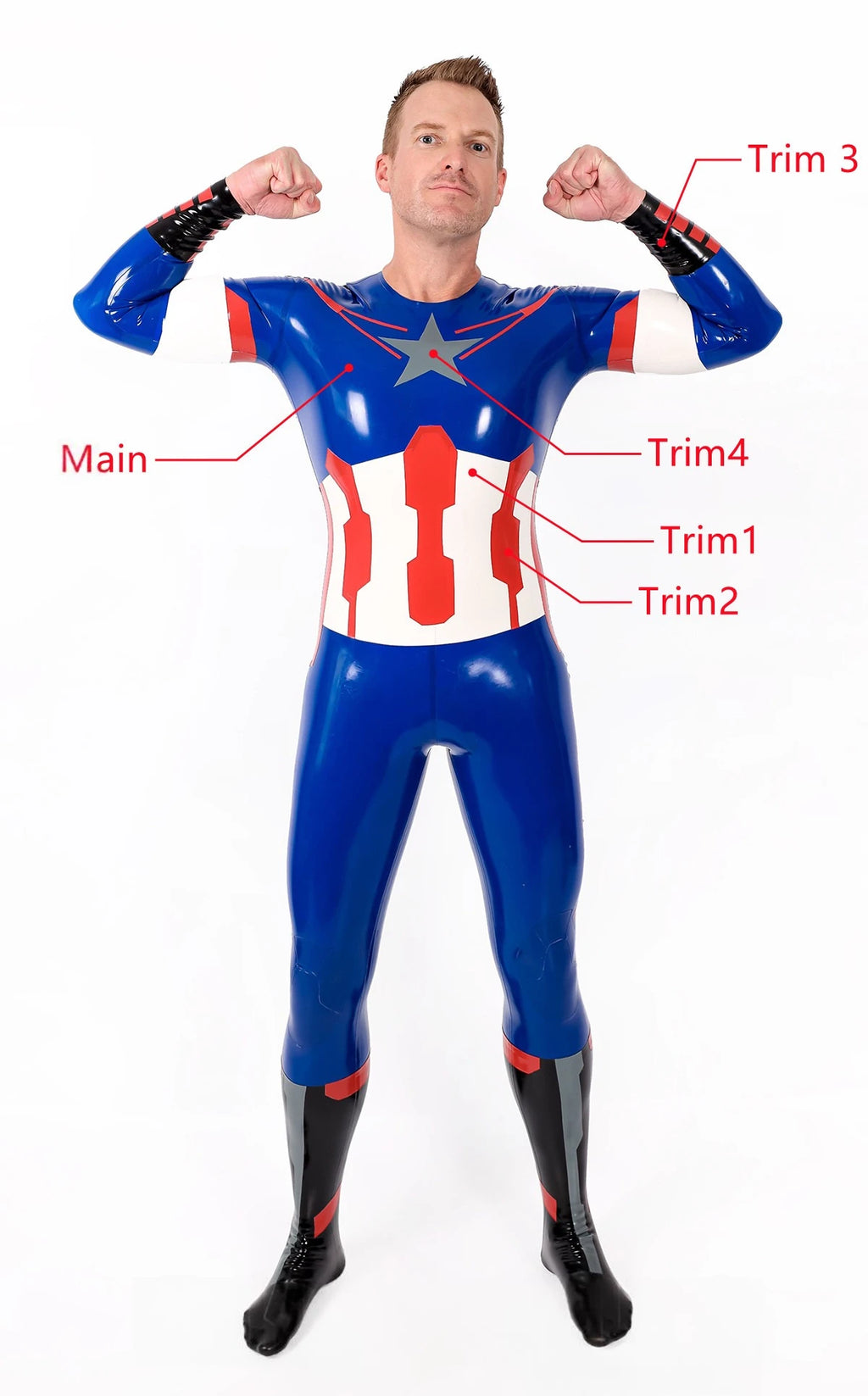 Dark Blue Male 'American Hero' Latex Neck Entry Cosplay Latex Catsuit With Feet