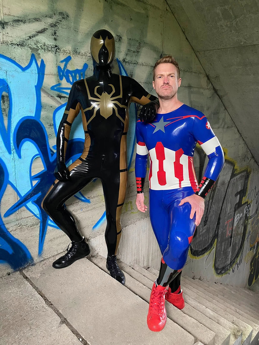 Dark Blue Male 'American Hero' Latex Neck Entry Cosplay Latex Catsuit With Feet