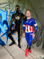 Dark Blue Male 'American Hero' Latex Neck Entry Cosplay Latex Catsuit With Feet