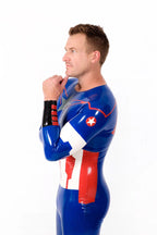Dark Blue Male 'American Hero' Latex Neck Entry Cosplay Latex Catsuit With Feet