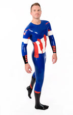 Dark Blue Male 'American Hero' Latex Neck Entry Cosplay Latex Catsuit With Feet