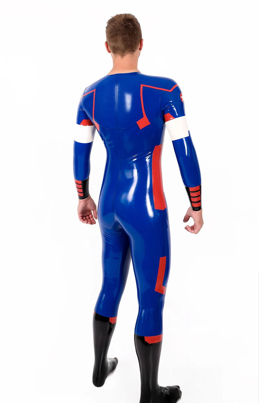 Dark Blue Male 'American Hero' Latex Neck Entry Cosplay Latex Catsuit With Feet