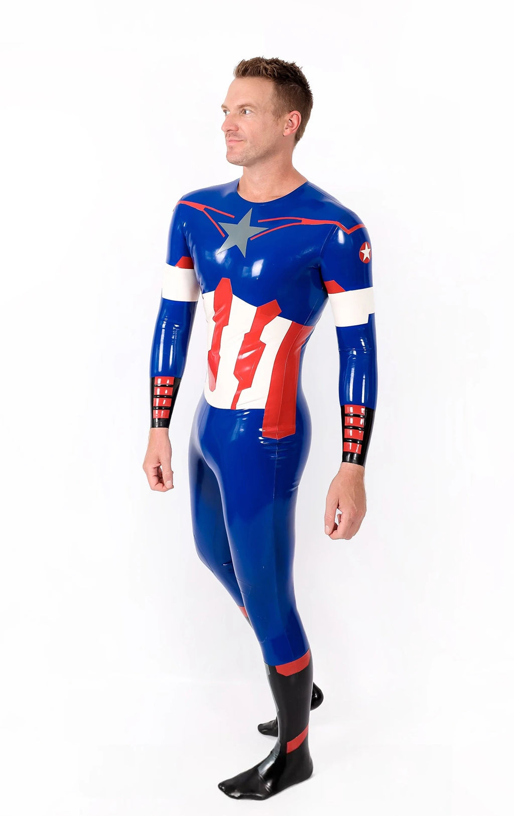 Dark Blue Male 'American Hero' Latex Neck Entry Cosplay Latex Catsuit With Feet