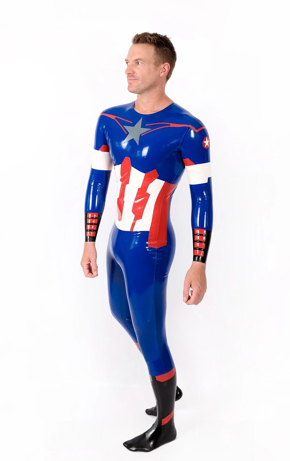 Dark Blue Male 'American Hero' Latex Neck Entry Cosplay Latex Catsuit With Feet