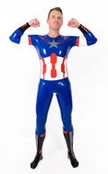 Dark Blue Male 'American Hero' Latex Neck Entry Cosplay Latex Catsuit With Feet