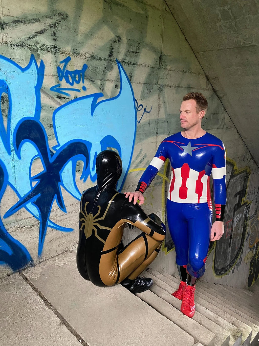 Dark Blue Male 'American Hero' Latex Neck Entry Cosplay Latex Catsuit With Feet