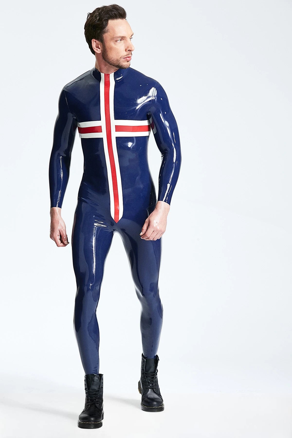 Dark Blue Male 'Patriotic Cross' Latex Catsuit