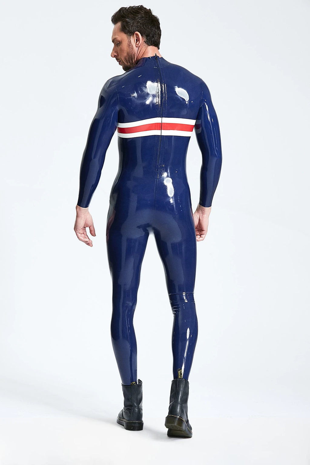 Dark Blue Male 'Patriotic Cross' Latex Catsuit
