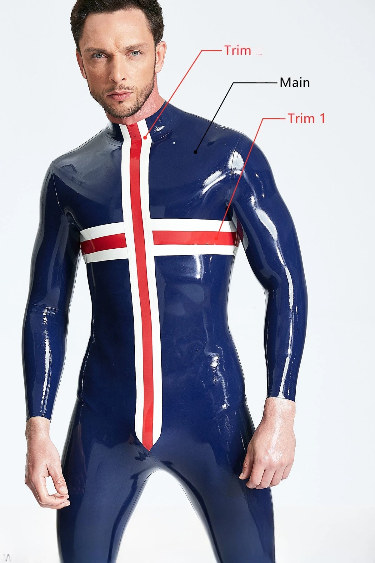 Dark Blue Male 'Patriotic Cross' Latex Catsuit