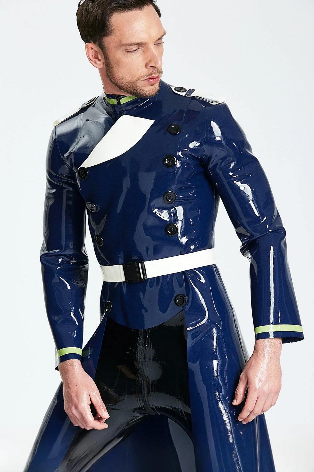 Dark Blue Male 'Cossack' Long Latex Coat